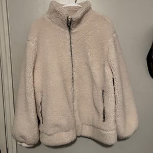 Ava & Viv Cream Faux Teddy Fur Bomber Jacket | Size 1x